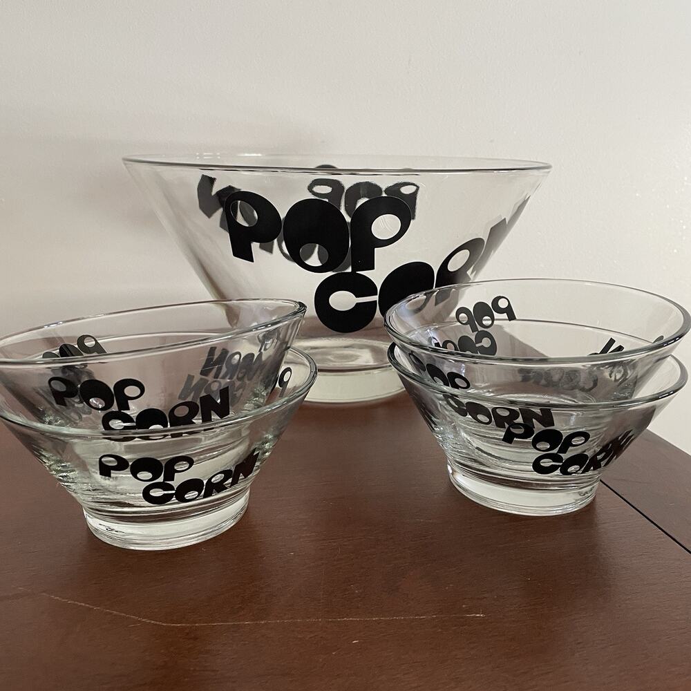 Vintage Glass Popcorn Serving Bowl Set (5) Black 70s Style MCM Wheaton